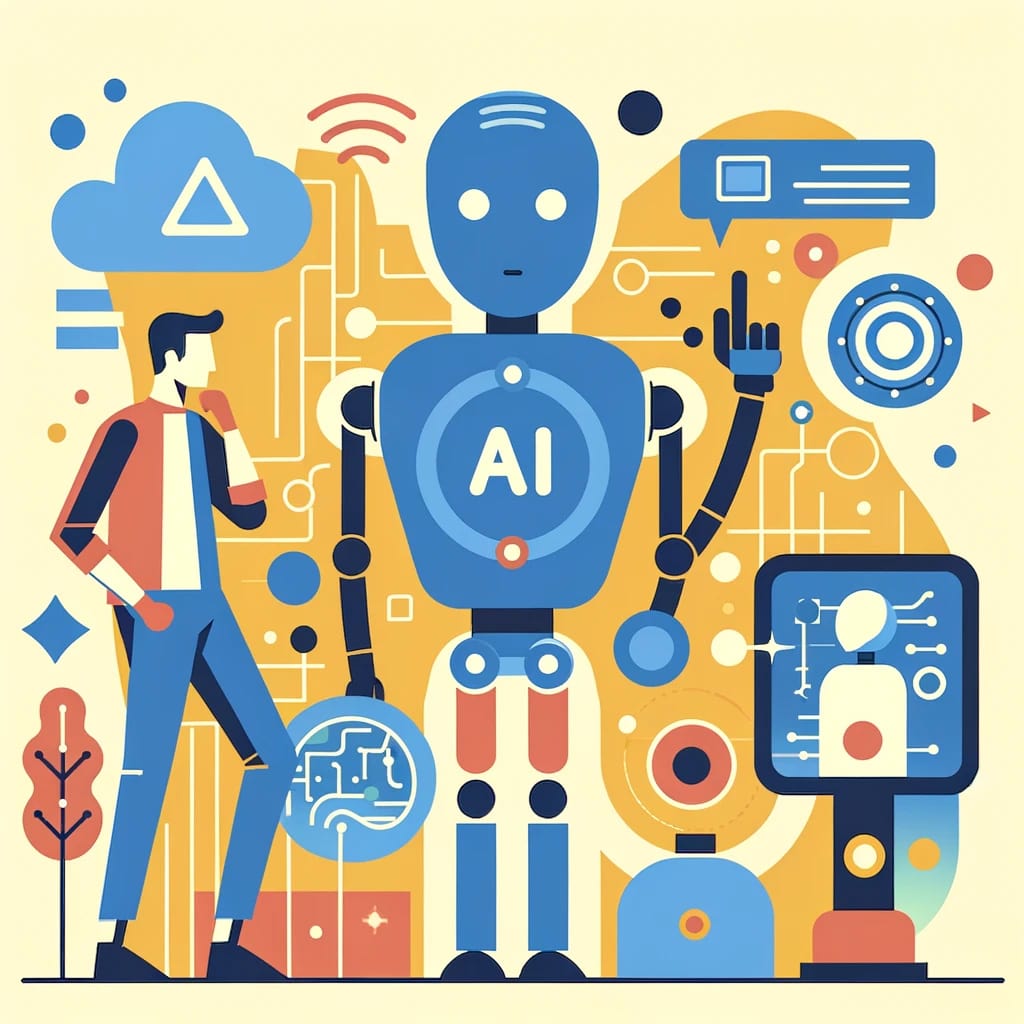 Flat cartoon-style illustration showing a human figure and a humanoid AI collaboratively working together. The human is in a thinking pose, while the AI displays digital information. The background features abstract geometric patterns, symbolizing technology.