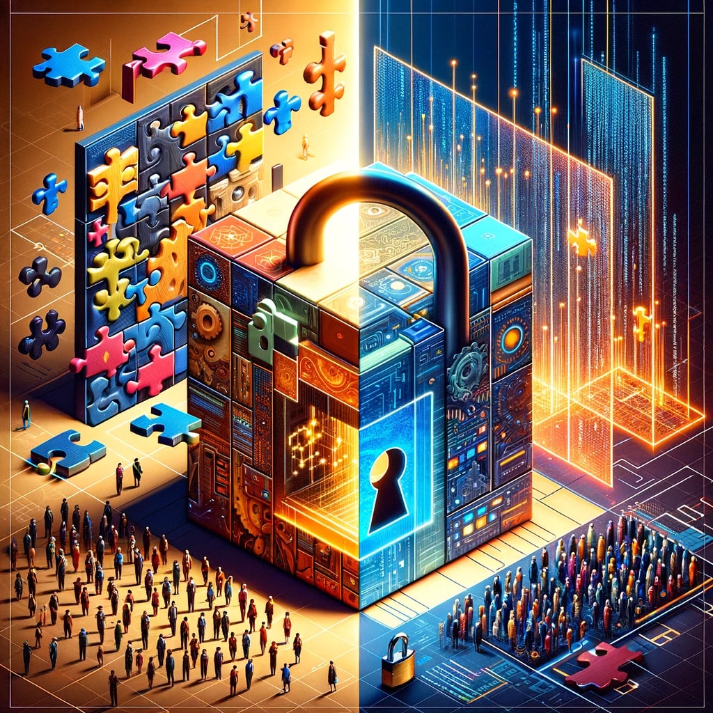 Digital artwork contrasting open source and closed source Large language models (LLMs), featuring vibrant community collaboration with puzzle pieces and unlocked padlock on one side, and a sleek corporate building with code behind a barrier and locked padlock on the other, symbolizing the debate between innovation, accessibility, and proprietary technology in a futuristic setting.